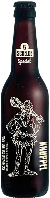 Een rechtopstaande Fles Schelde special 5 Knuppel van de Scheldebrouwerij 